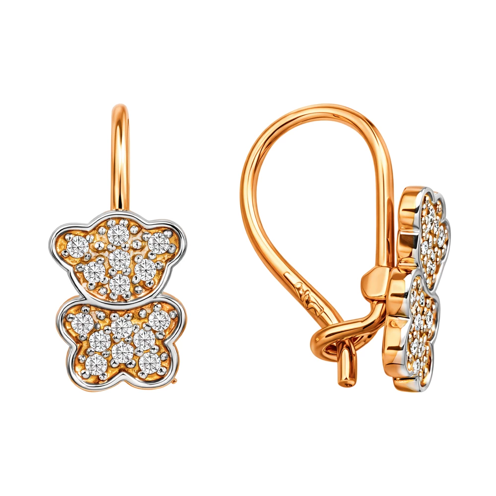 Серьги  Мишка детские с фианитами из красного золота 585 пробы