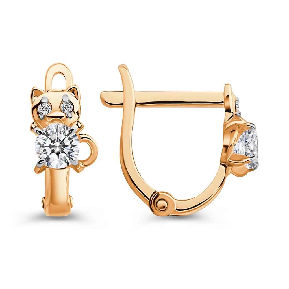 Серьги  Кошка детские с фианитами из красного золота 375 пробы