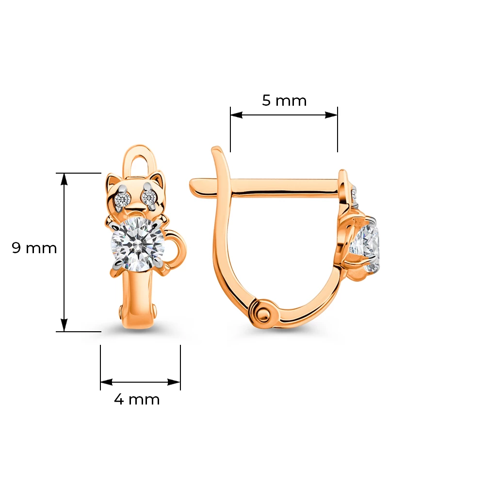 Серьги  Кошка детские с фианитами из красного золота 375 пробы