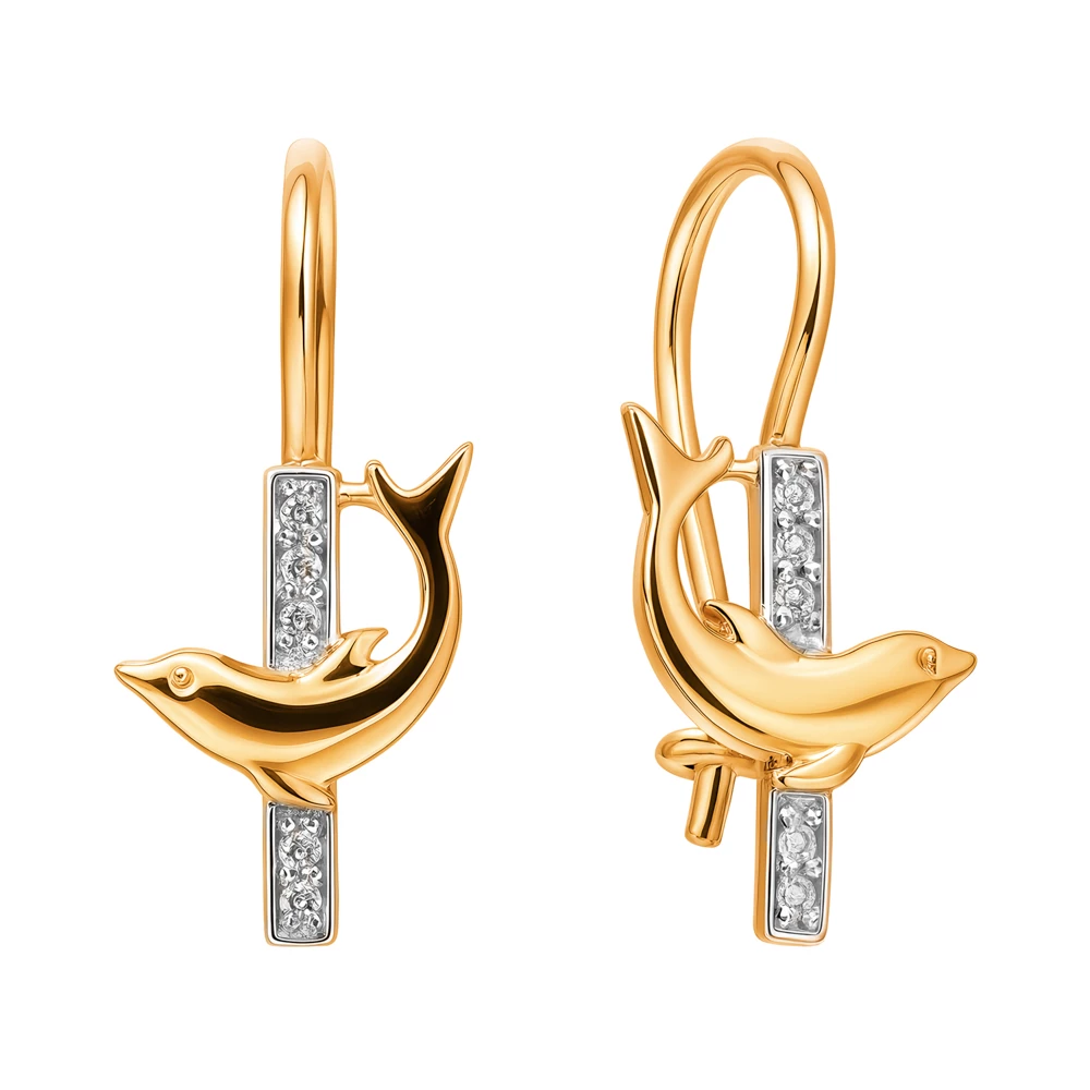 Серьги  Дельфин детские с фианитами из красного золота 585 пробы
