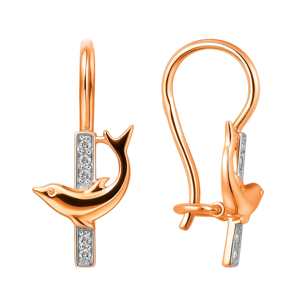 Серьги  Дельфин детские с фианитами из красного золота 585 пробы
