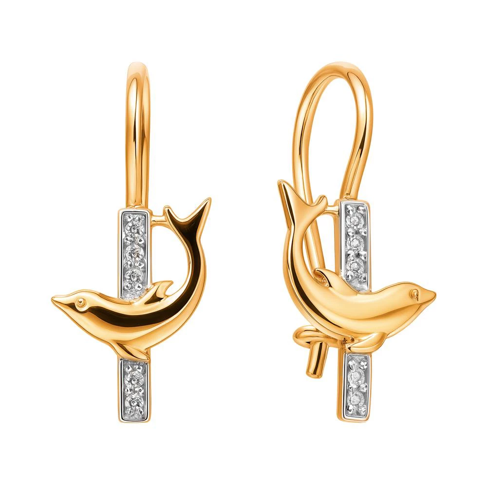 Серьги  Дельфин детские с фианитами из красного золота 585 пробы