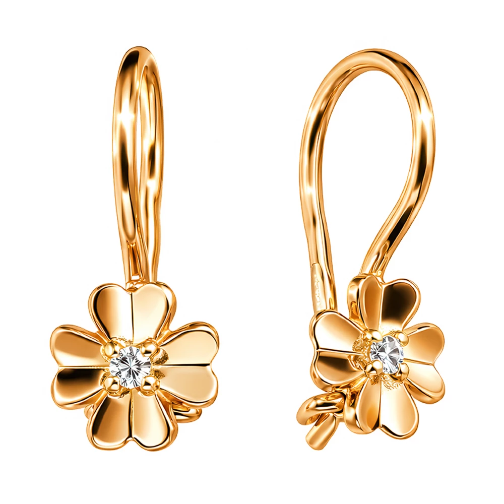 Серьги детские с фианитами из красного золота 585 пробы