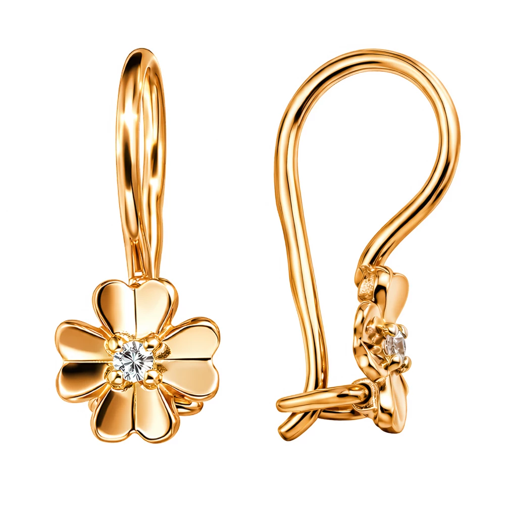 Серьги детские с фианитами из красного золота 585 пробы