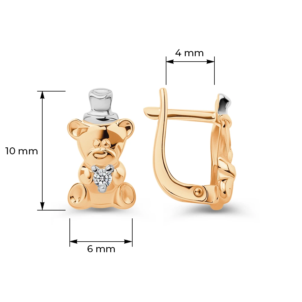 Серьги  Мишка детские с фианитами из красного золота 585 пробы