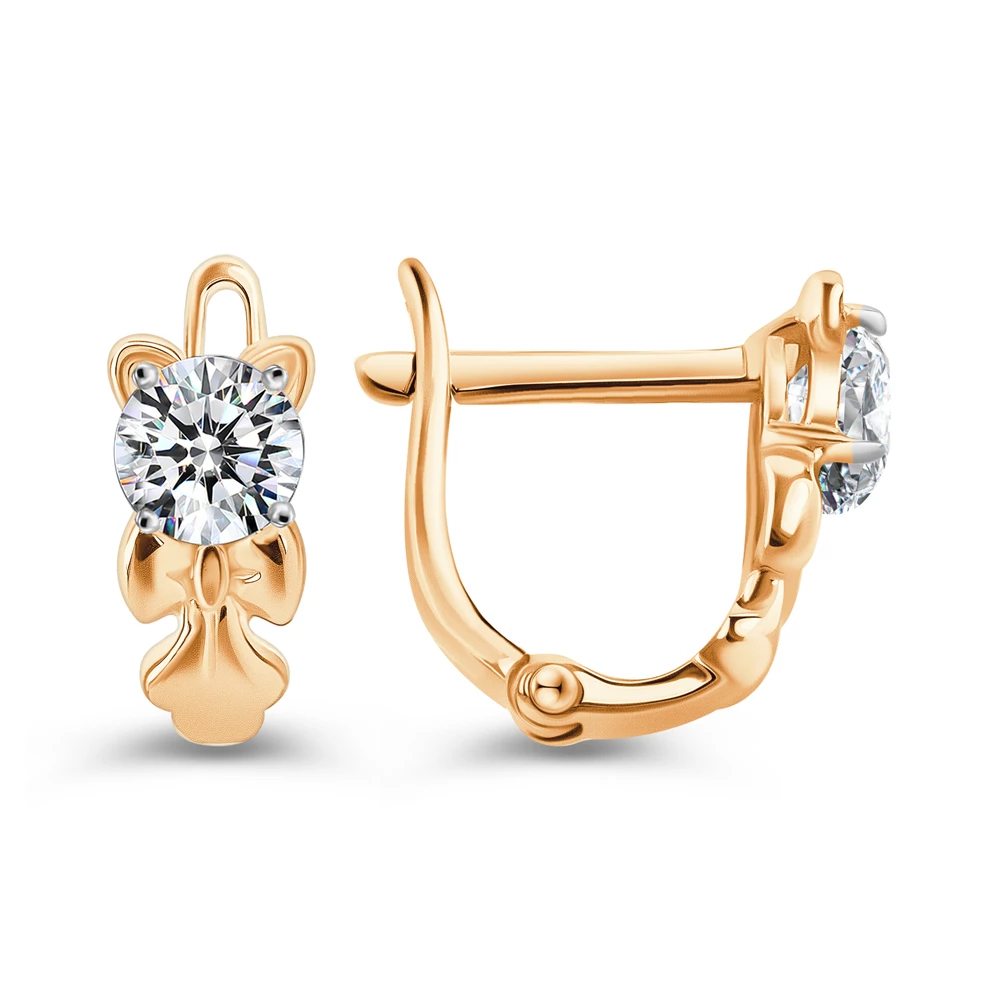 Серьги  Кошка детские с фианитами из красного золота 585 пробы