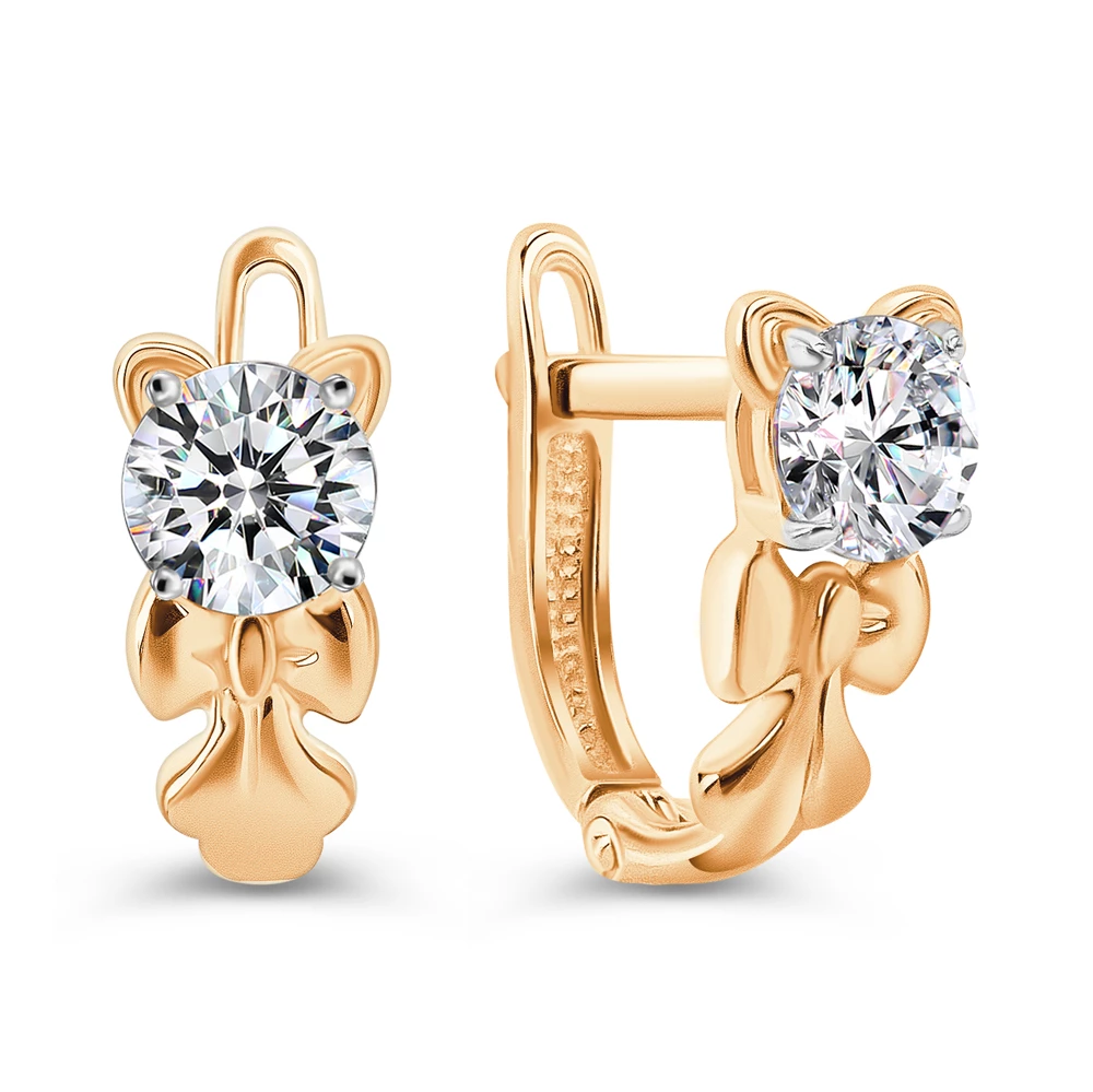 Серьги  Кошка детские с фианитами из красного золота 585 пробы