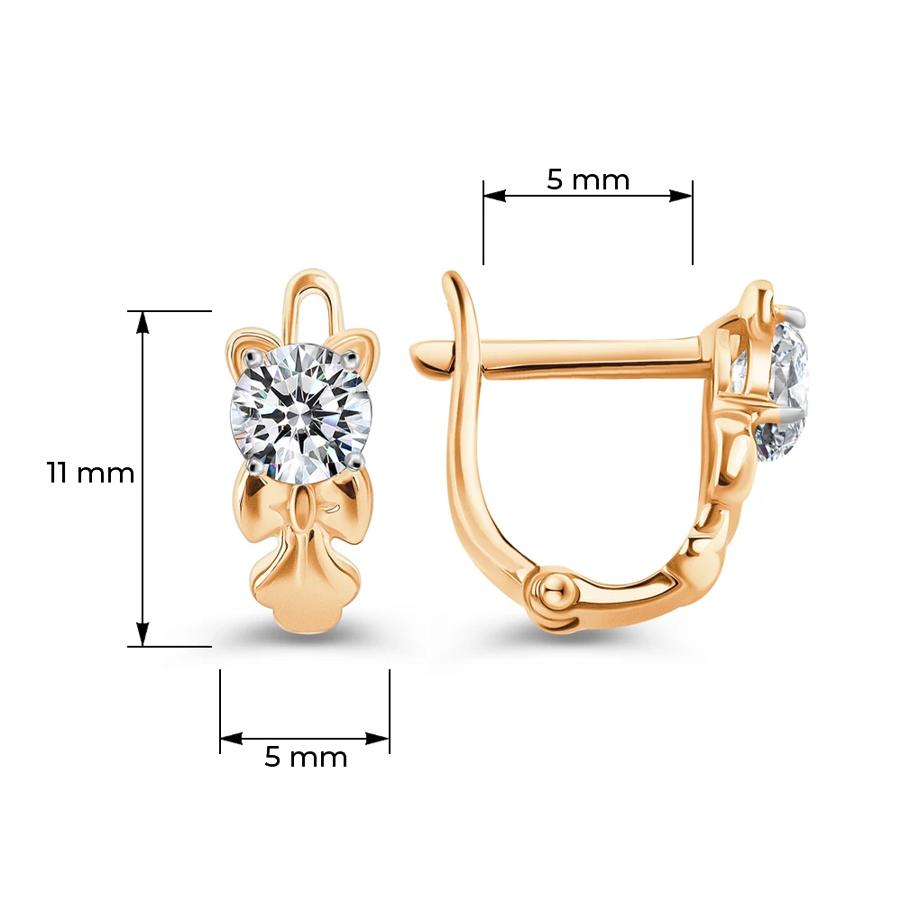 Серьги  Кошка детские с фианитами из красного золота 585 пробы