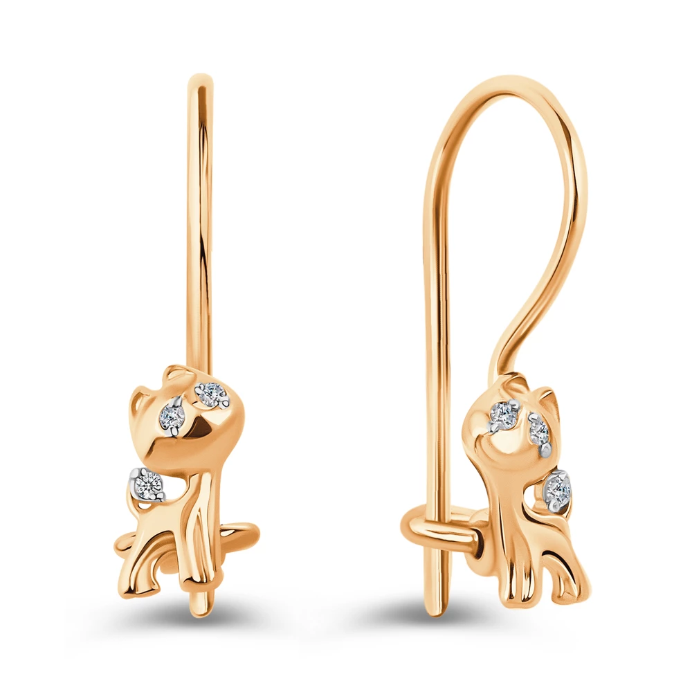 Серьги  Кошка детские с фианитами из красного золота 585 пробы