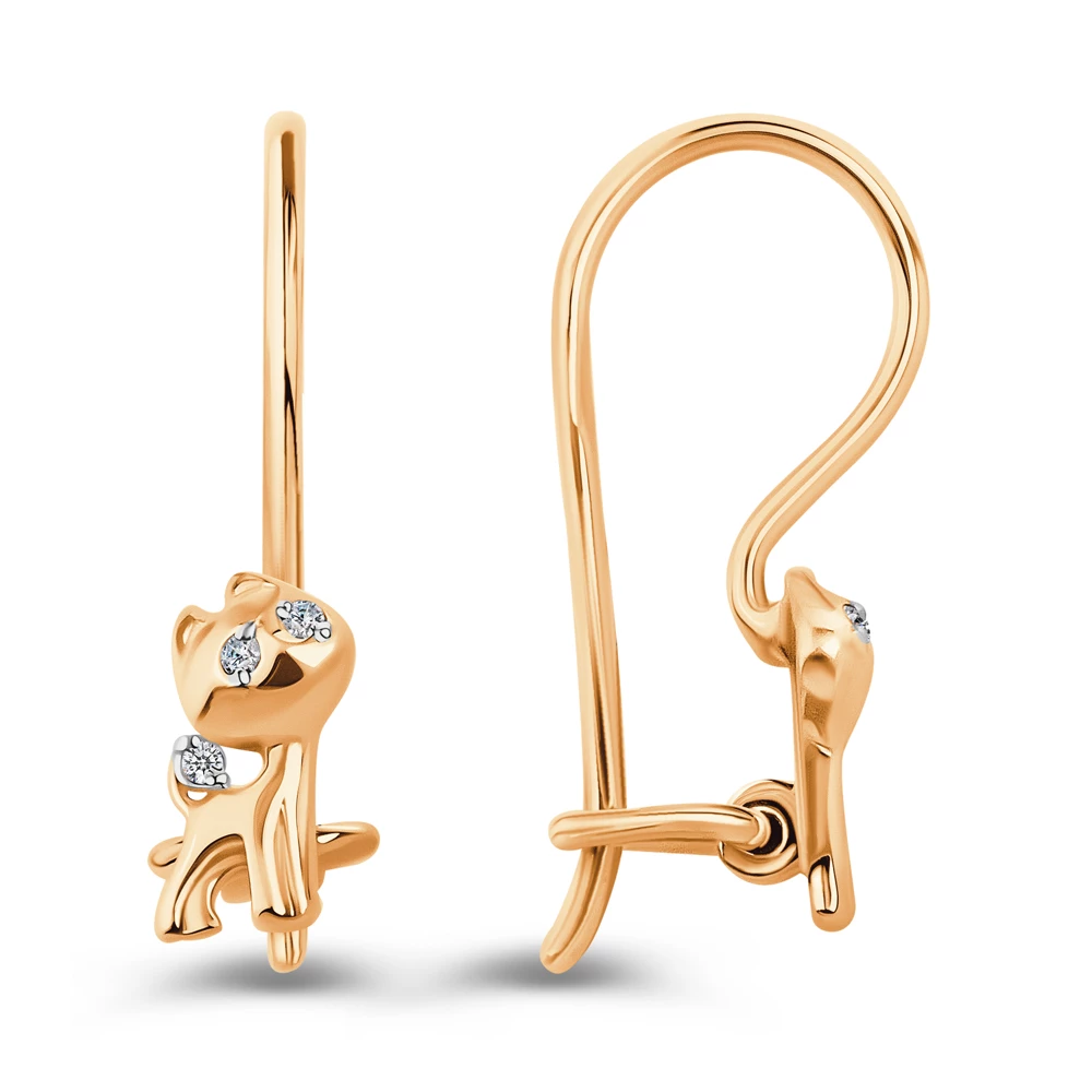 Серьги  Кошка детские с фианитами из красного золота 585 пробы