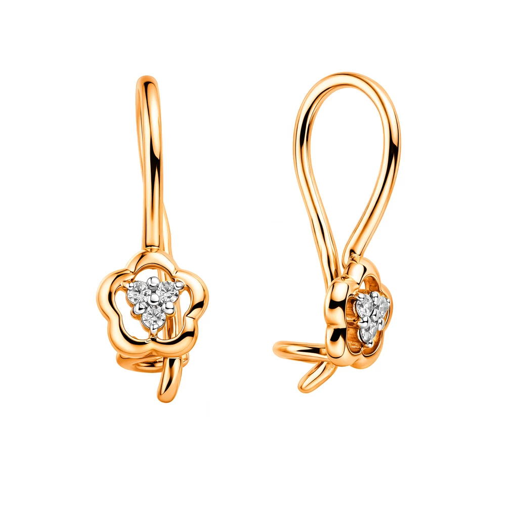 Серьги детские с фианитами из красного золота 585 пробы