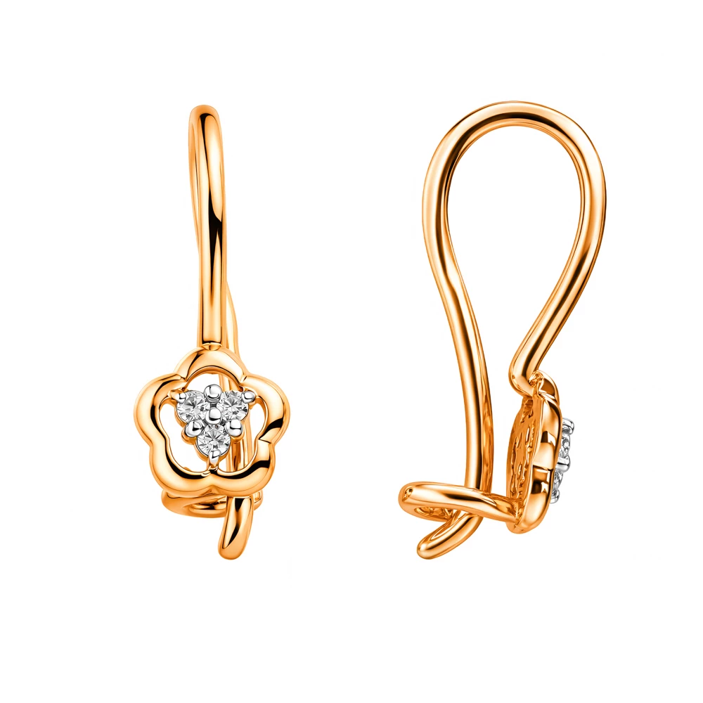 Серьги детские с фианитами из красного золота 585 пробы