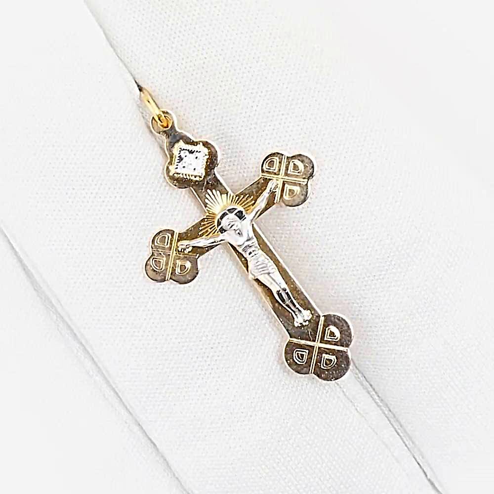 Крестик с фианитом из комбинированного золота 585 пробы 1