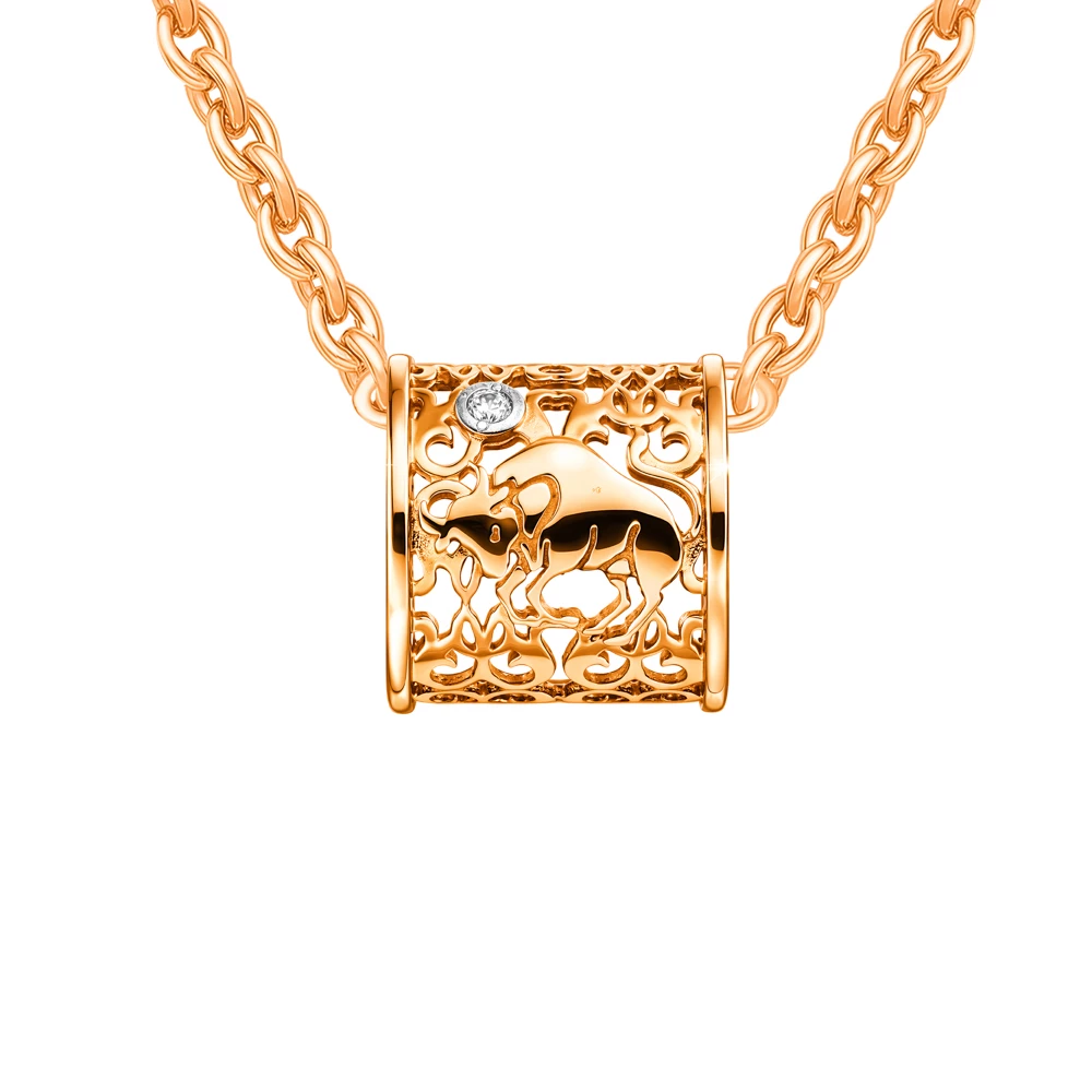 Подвес Телец с фианитом из красного золота 585 пробы