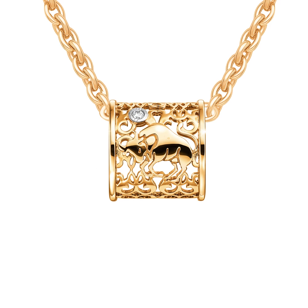 Подвес Телец с фианитом из красного золота 585 пробы