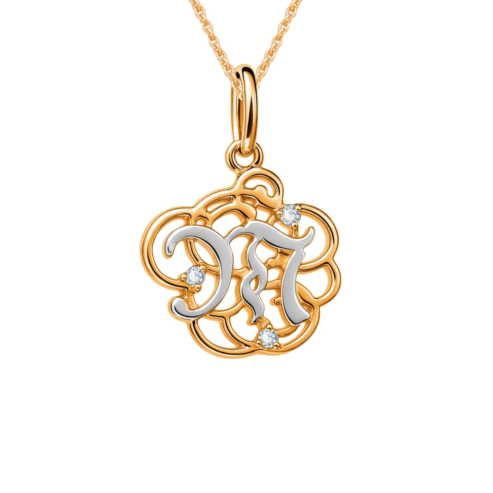 Подвес  Буква Т с фианитами из красного золота 375 пробы