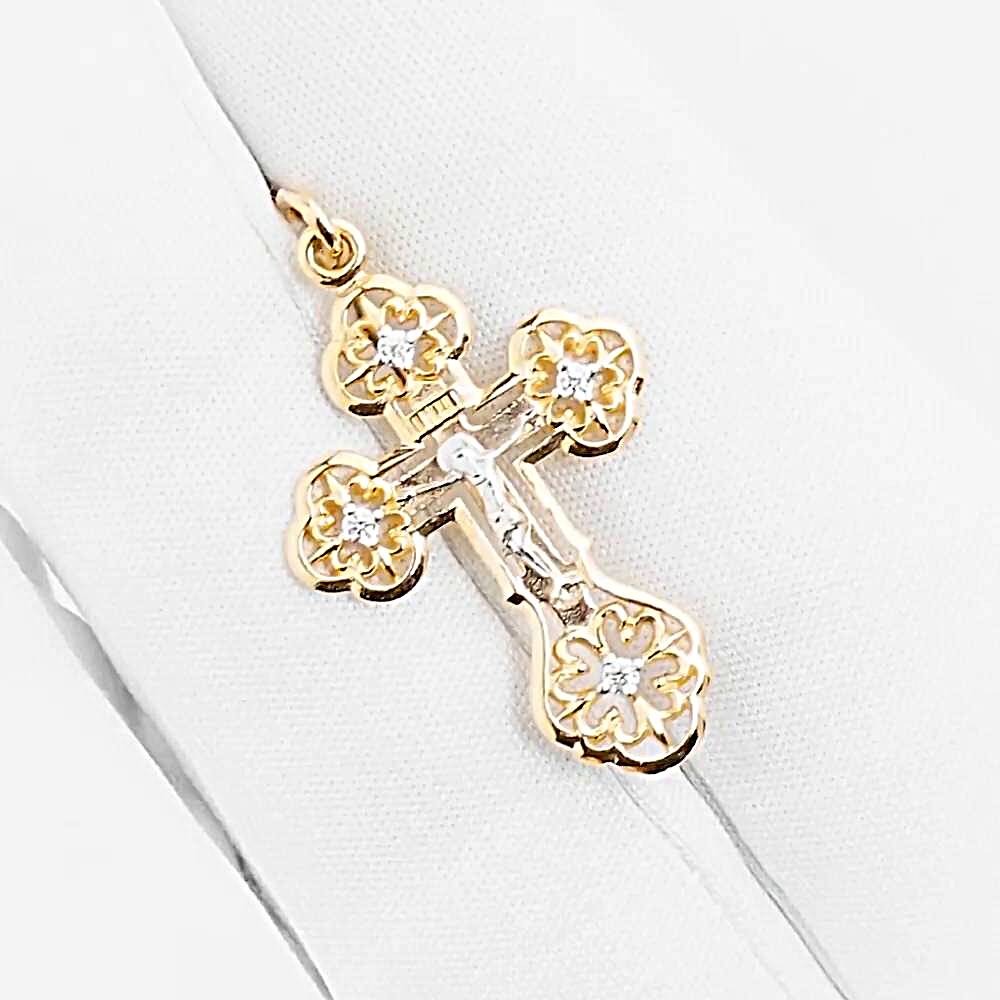 Крестик с фианитами из комбинированного золота 585 пробы