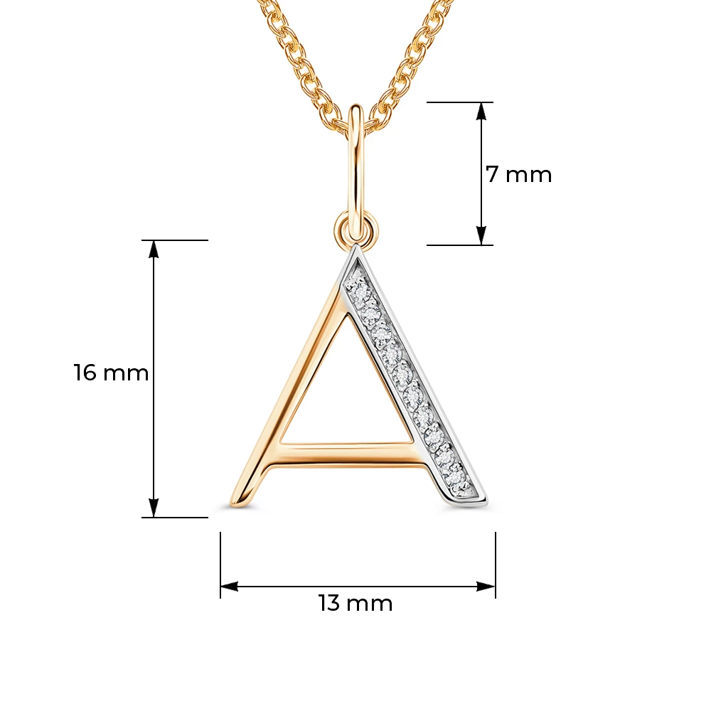 Подвес  Буква А с фианитами из красного золота 375 пробы