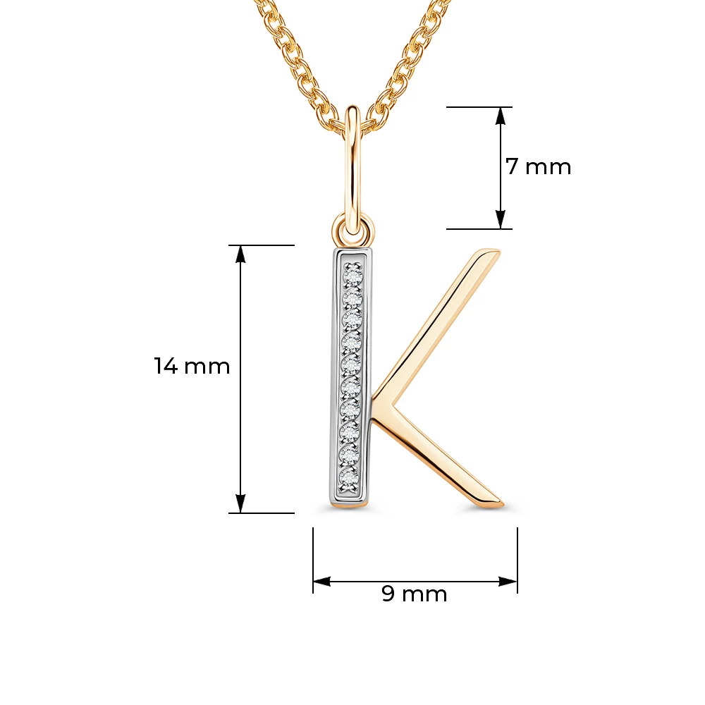 Подвес  Буква К с фианитами из красного золота 375 пробы