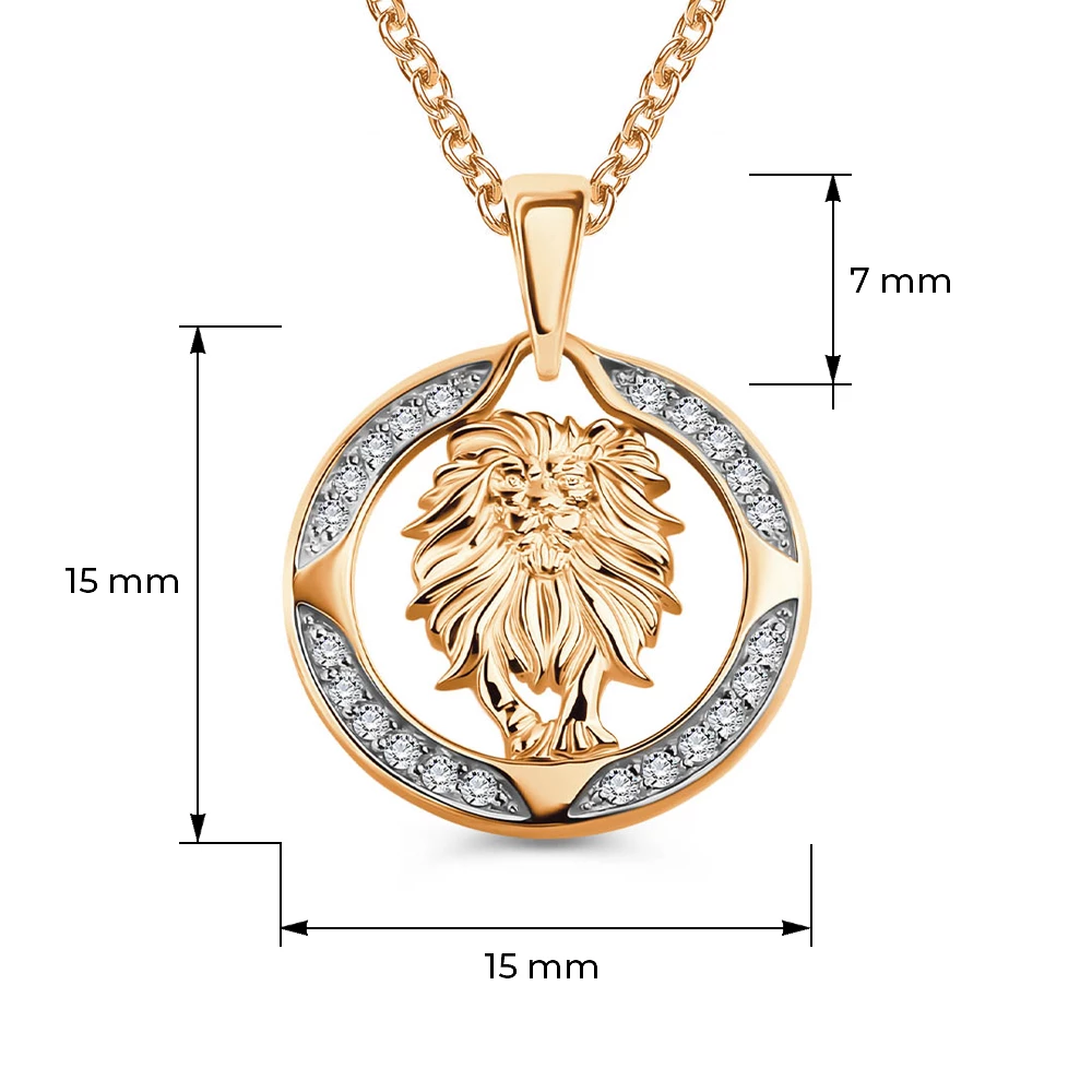 Подвес Лев с фианитами из красного золота 585 пробы