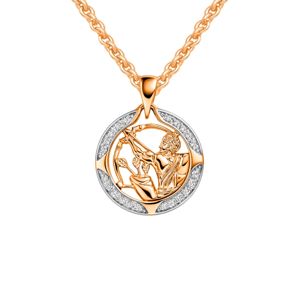 Подвес Стрелец с фианитами из красного золота 585 пробы