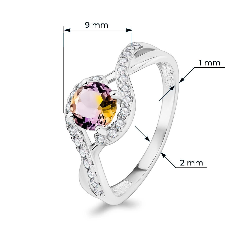 Кольцо с кварцем и фианитами из серебра 925 пробы