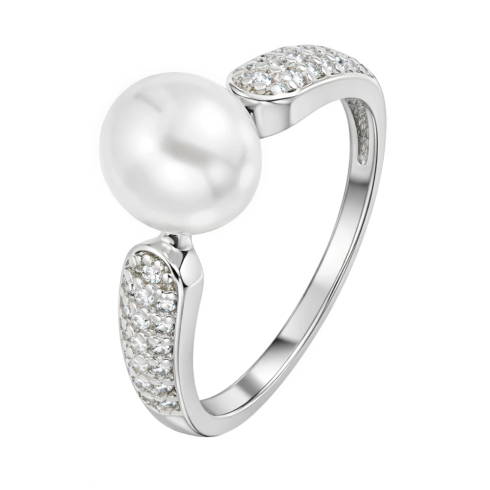 Кольцо с искусственным жемчугом и фианитами из серебра 925 пробы