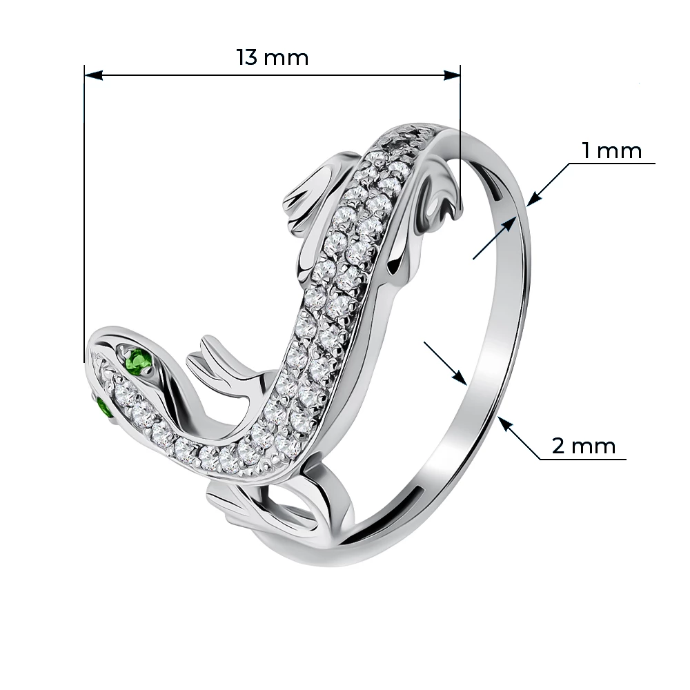 Кольцо  Ящерица с кварцем синтетическим и фианитами из серебра 925 пробы
