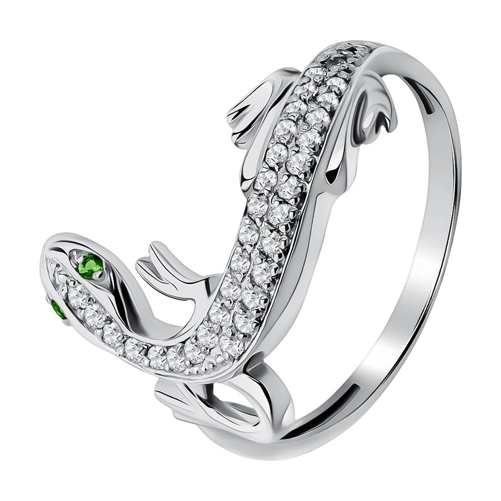 Кольцо  Ящерица с кварцем синтетическим и фианитами из серебра 925 пробы