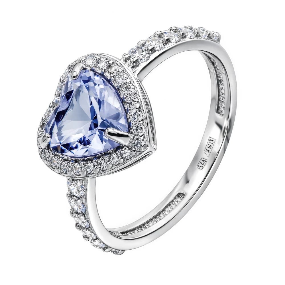 Кольцо с кварцем синтетическим и фианитами из серебра 925 пробы