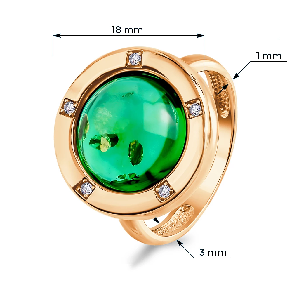 Кольцо с янтарем и фианитами из серебра 925 пробы