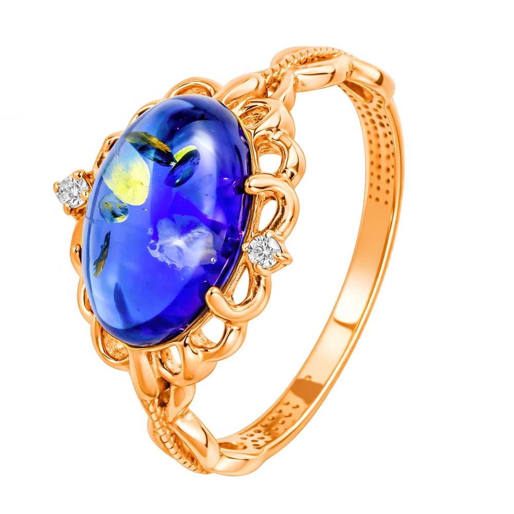 Кольцо с янтарем и фианитами из серебра 925 пробы