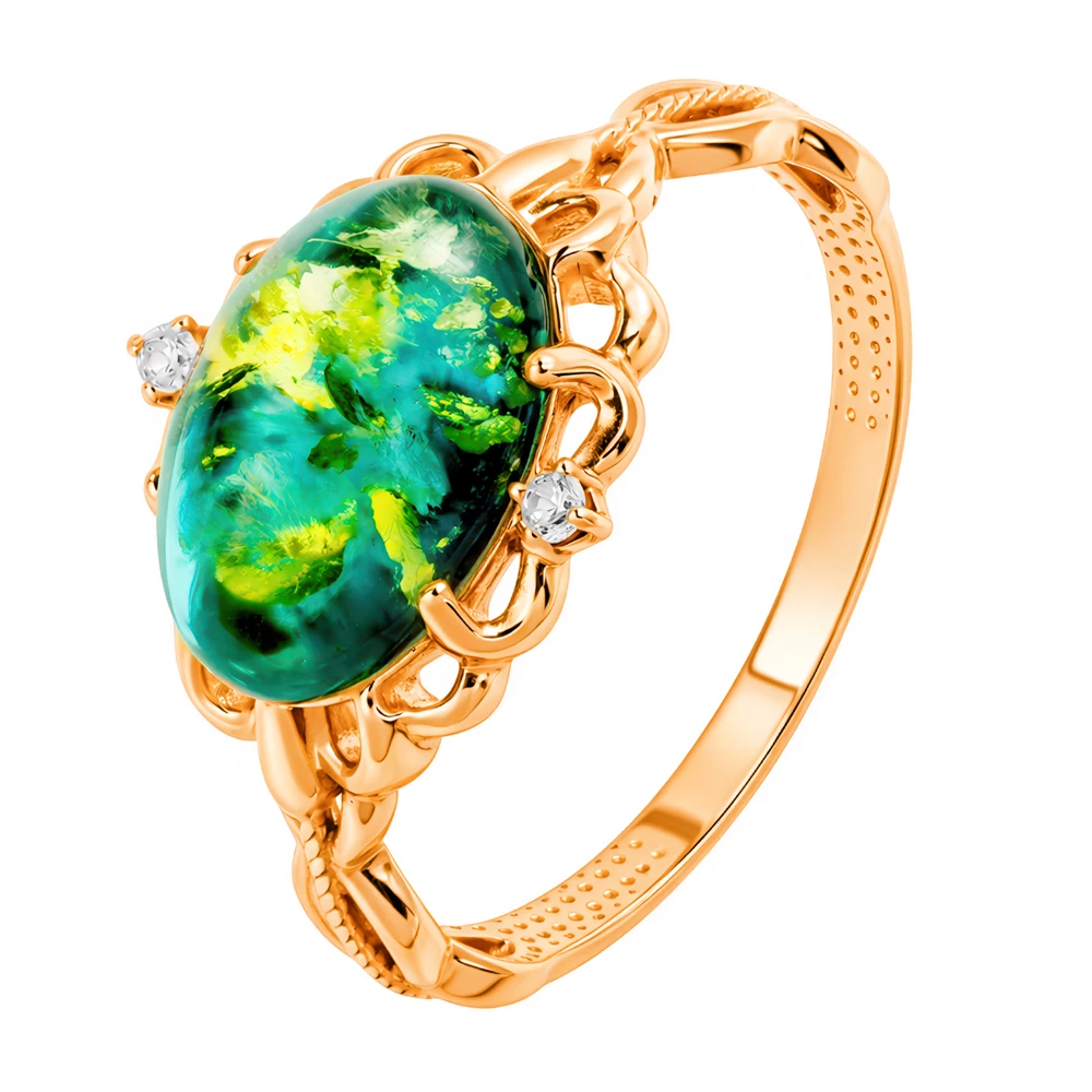 Кольцо с янтарем и фианитами из серебра 925 пробы