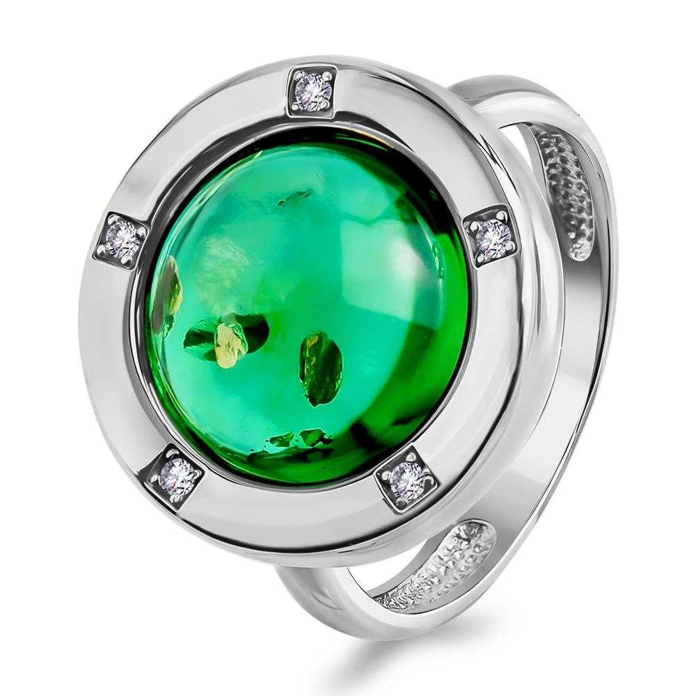 Кольцо с янтарем и фианитами из серебра 925 пробы