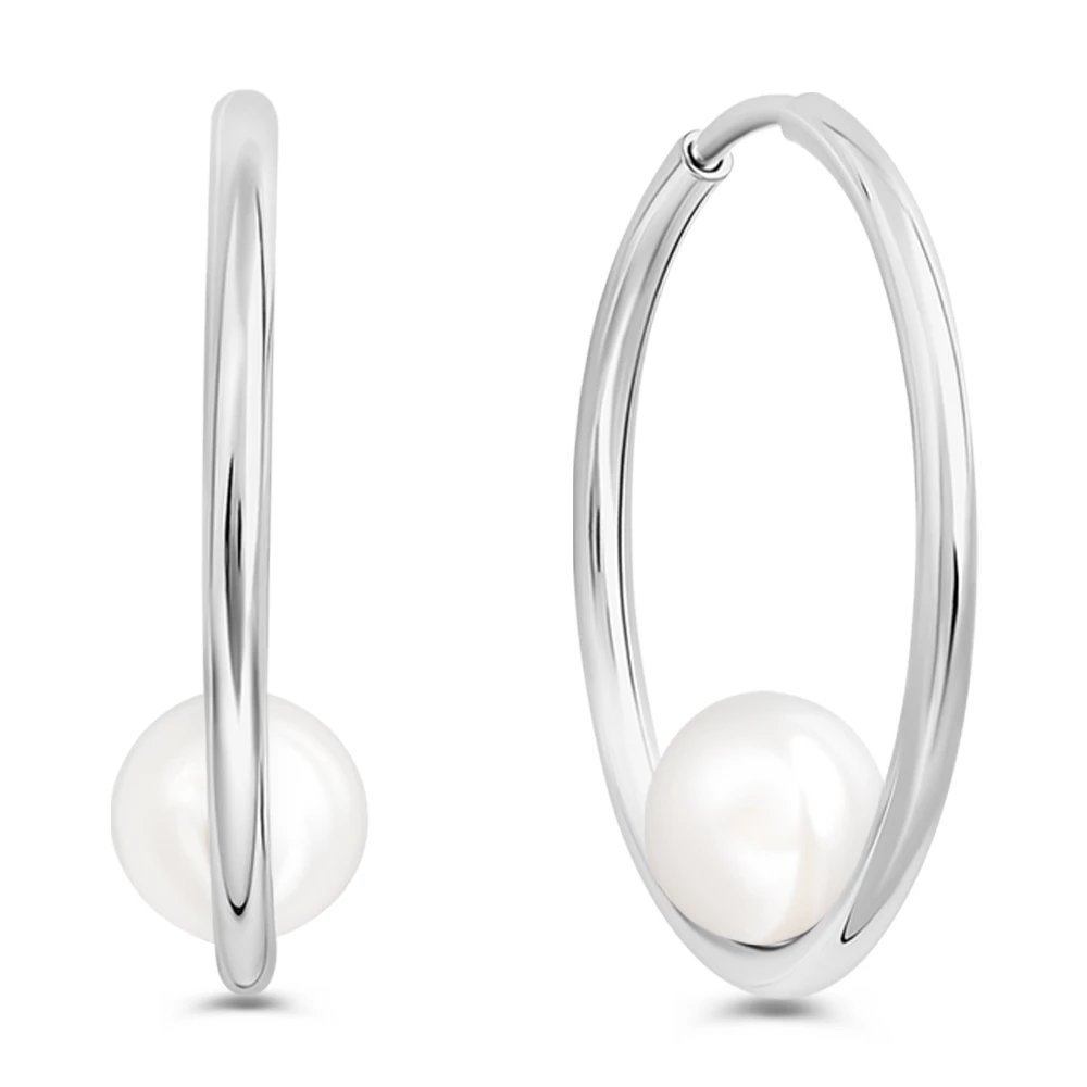 Серьги конго с жемчугом искусственным из серебра 925 пробы