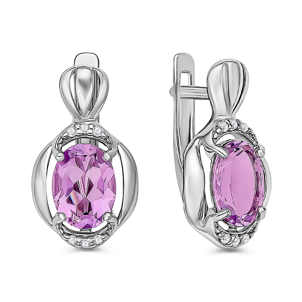 Серьги с аметистами и фианитами из серебра 925 пробы