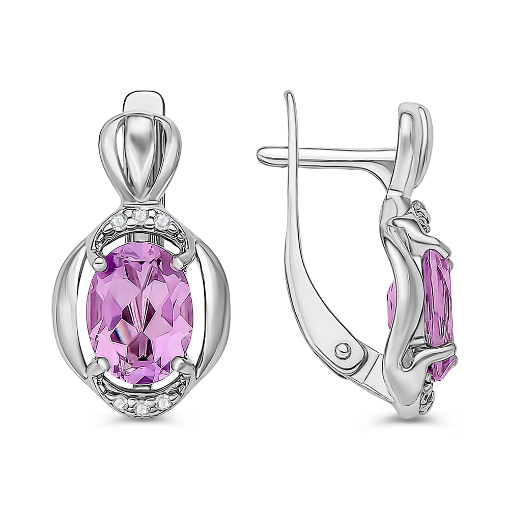 Серьги с аметистами и фианитами из серебра 925 пробы