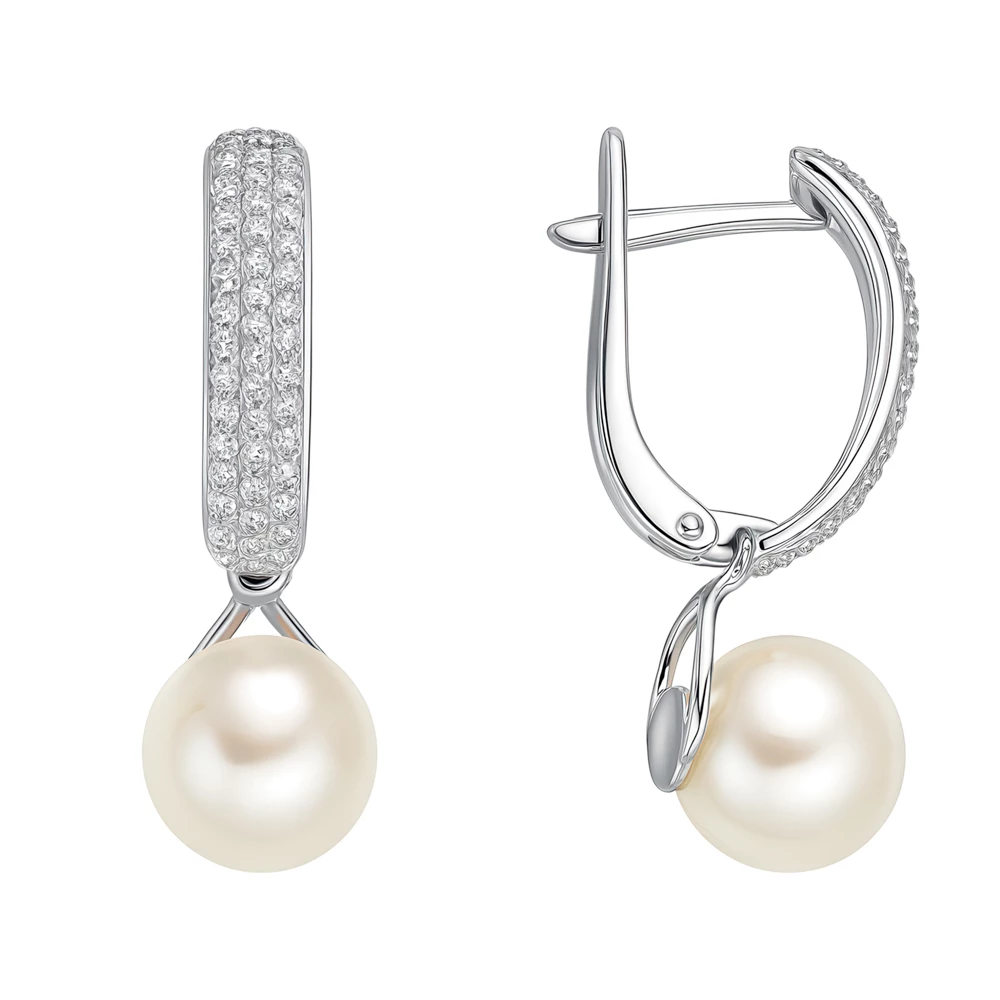 Серьги с искусственным жемчугом и фианитами из серебра 925 пробы