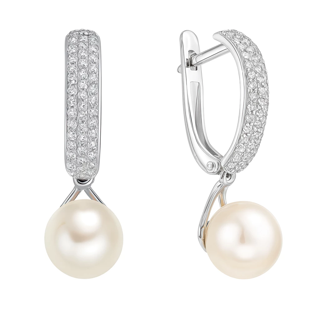 Серьги с искусственным жемчугом и фианитами из серебра 925 пробы