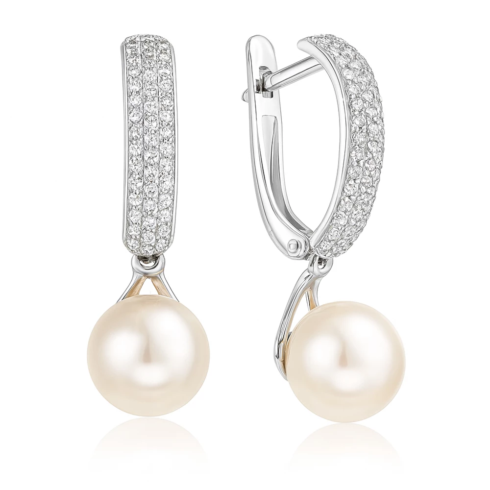 Серьги с жемчугом искусственным и фианитами из серебра 925 пробы