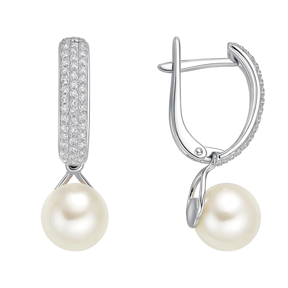 Серьги с жемчугом искусственным и фианитами из серебра 925 пробы