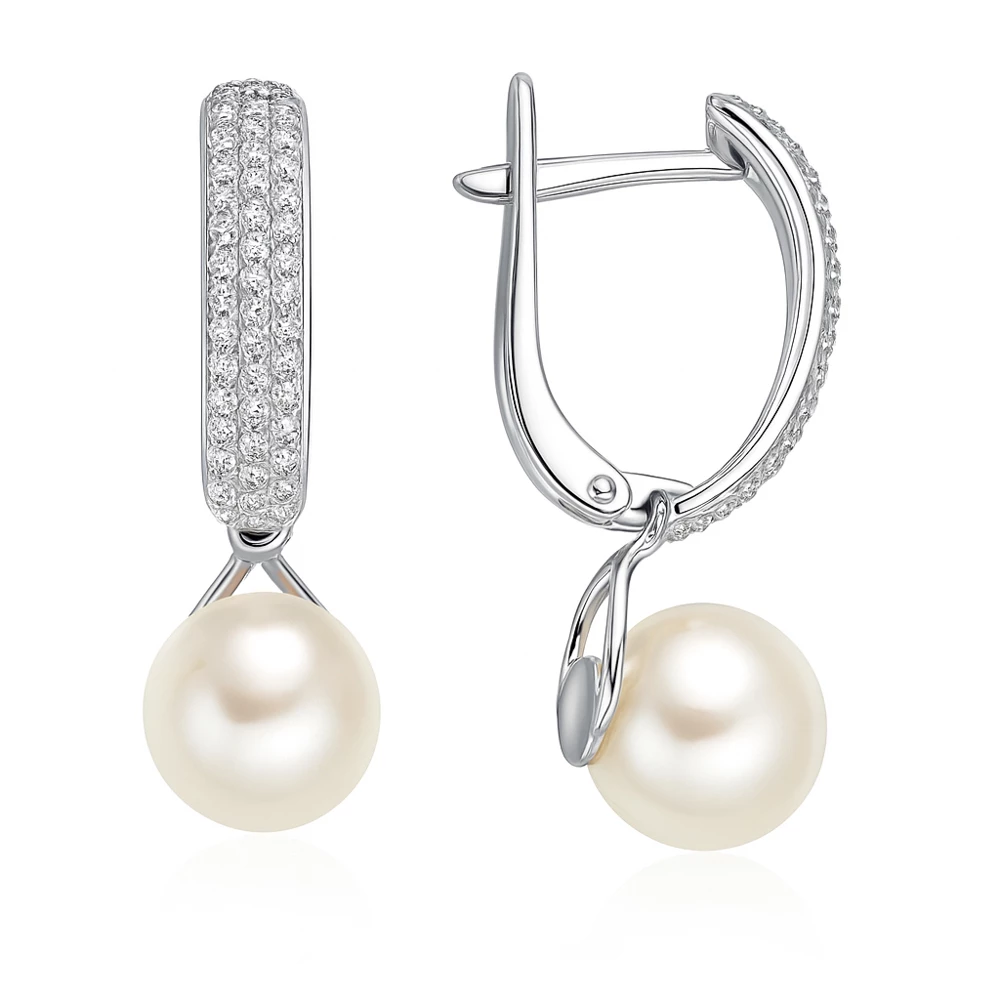 Серьги с жемчугом искусственным и фианитами из серебра 925 пробы