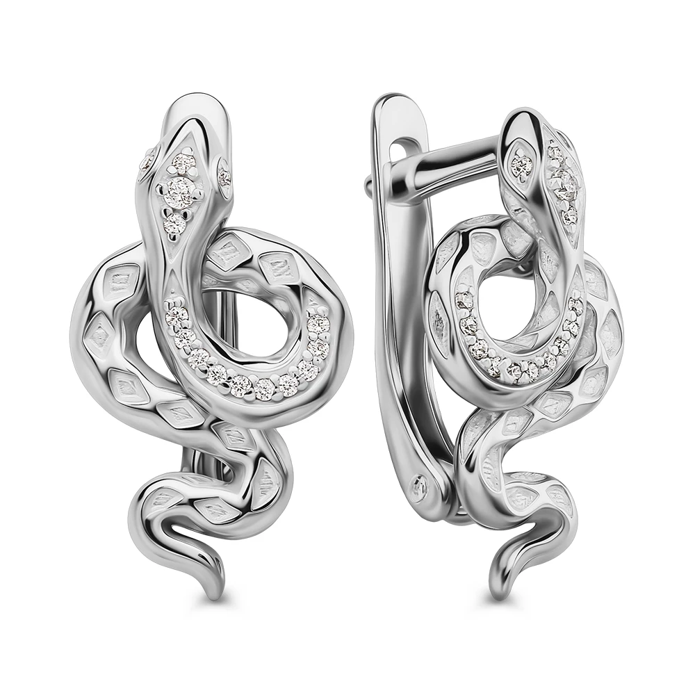 Серьги  Змея с фианитами из серебра 925 пробы