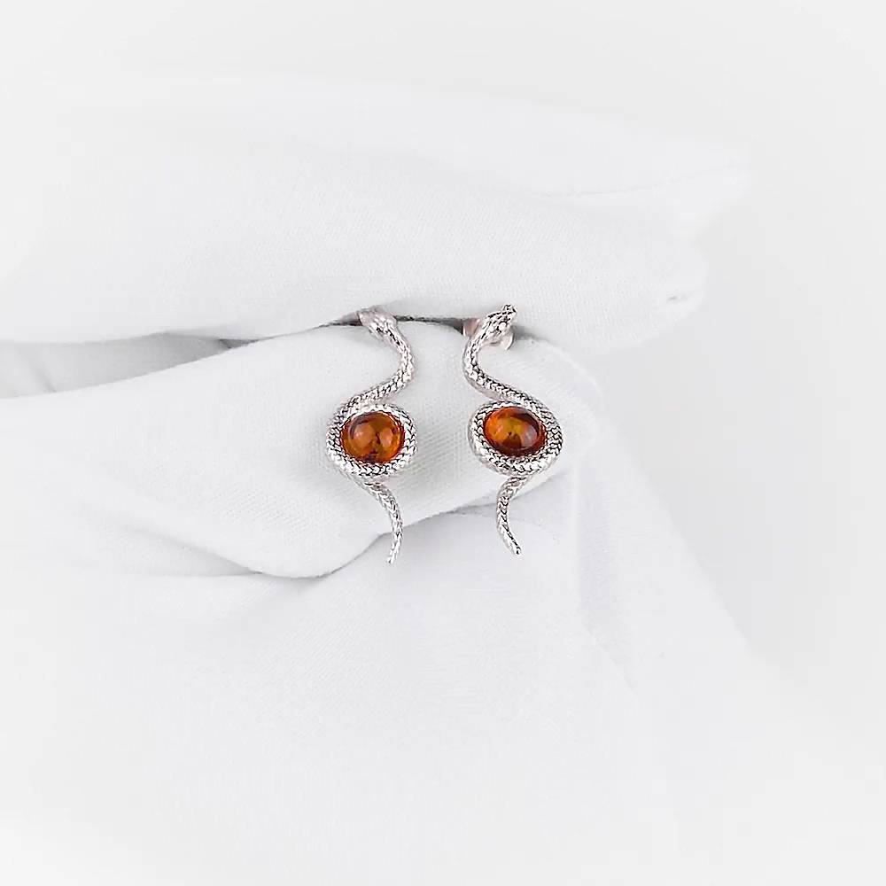 Серьги  Змея с янтарем из серебра 925 пробы 1
