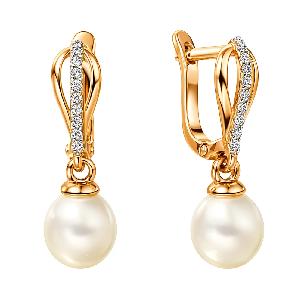 Серьги с культивированным жемчугом и фианитами из серебра 925 пробы