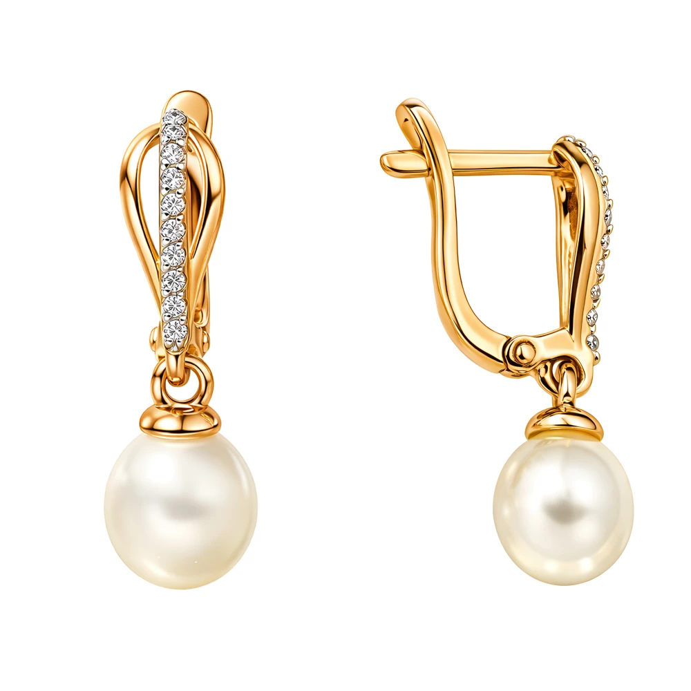 Серьги с культивированным жемчугом и фианитами из серебра 925 пробы