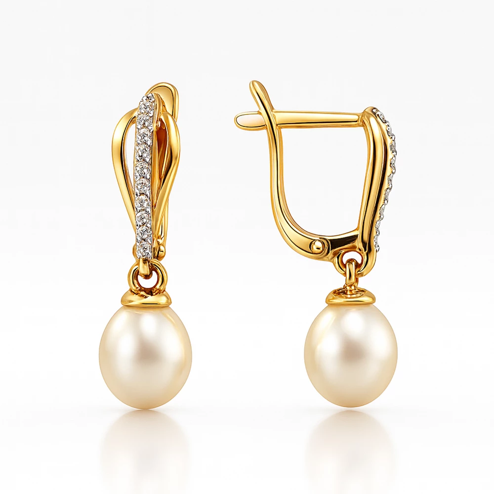 Серьги с культивированным жемчугом и фианитами из серебра 925 пробы