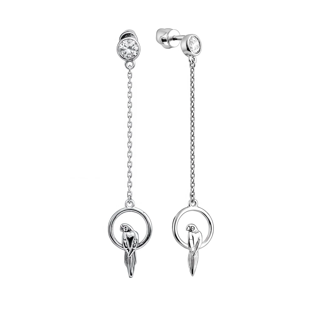 Серьги  Птица с фианитами из серебра 925 пробы
