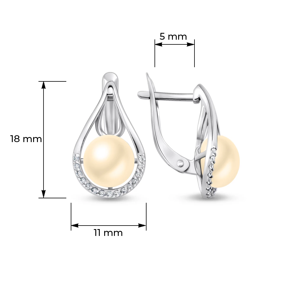 Серьги с культивированным жемчугом и фианитами из серебра 925 пробы