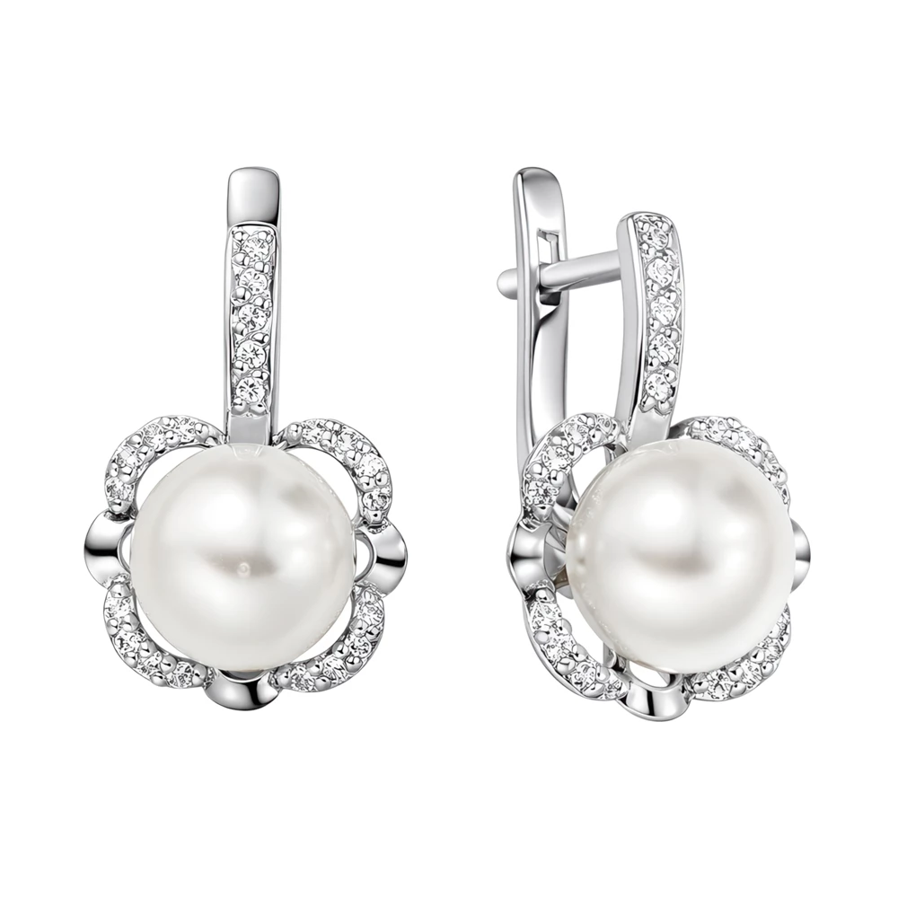 Серьги с искусственным жемчугом из серебра 925 пробы